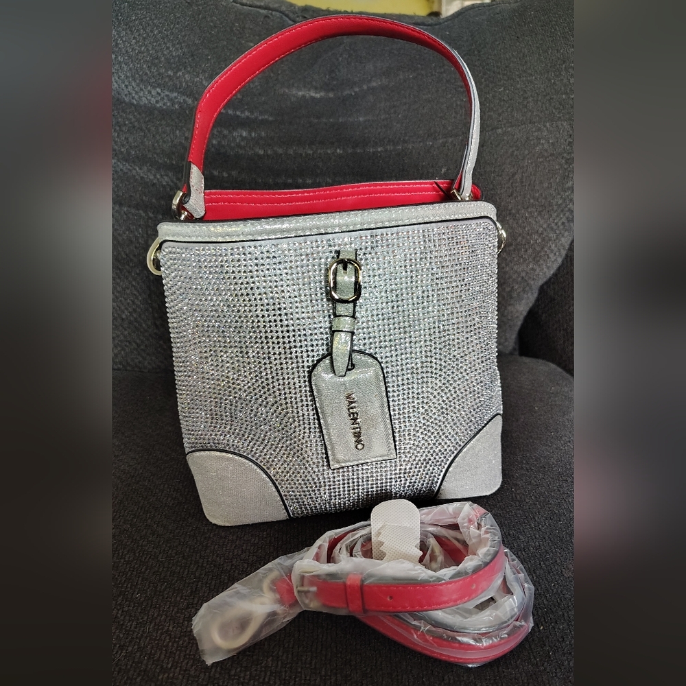 Valentino By Mario Valentino Silver Crossbody Bucket Bag.